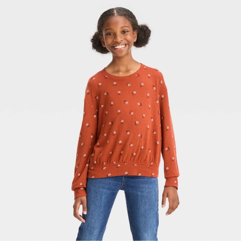 Girls Rust Floral Pullover Sweatshirt